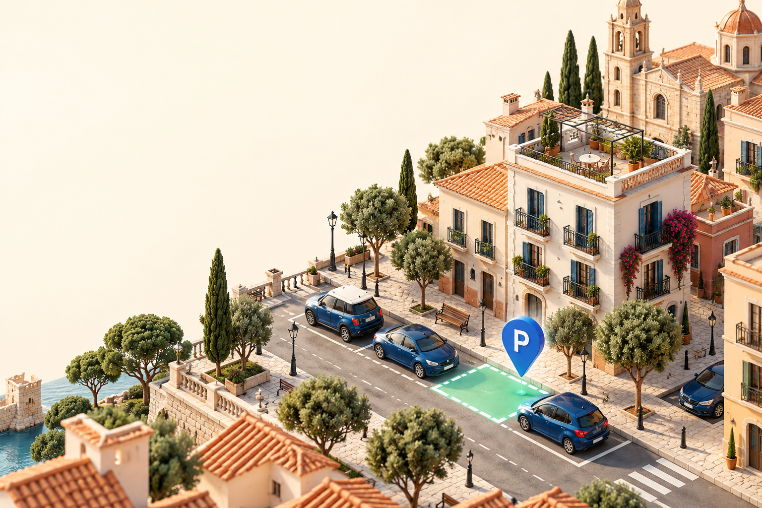 Ilustración de una ciudad mediterránea con una plaza de aparcamiento señalada en verde